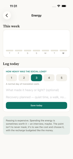 The Energy screen — a week of social load, with recovery notes